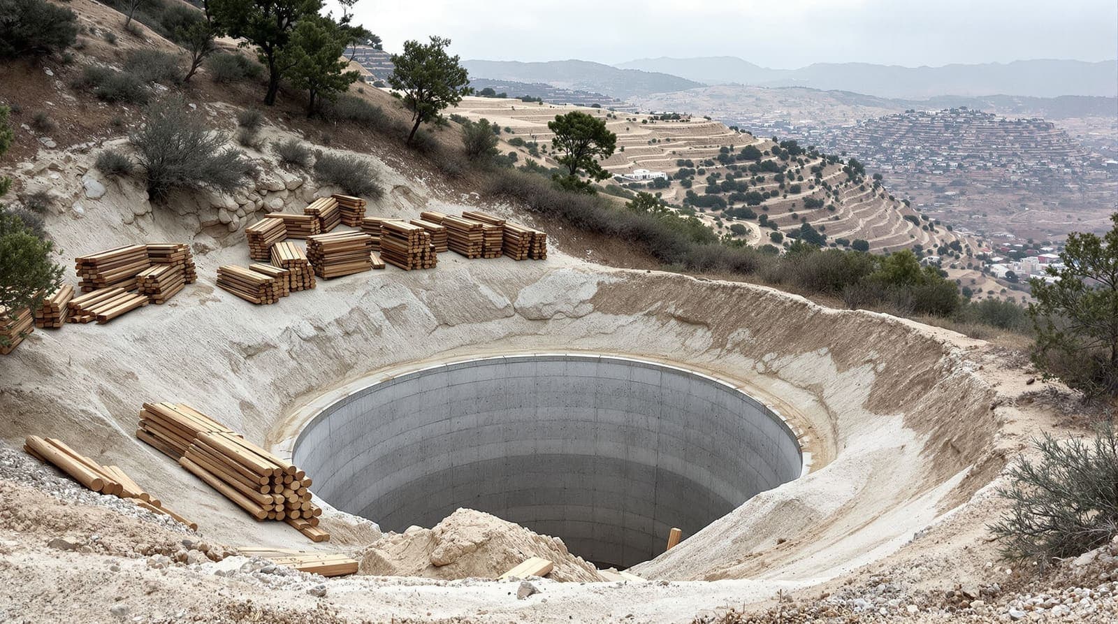 Illustration of a concrete-lined tunnel opening in a limestone ridge with spoil heaps and scrub, under a soft overcast dawn sky.