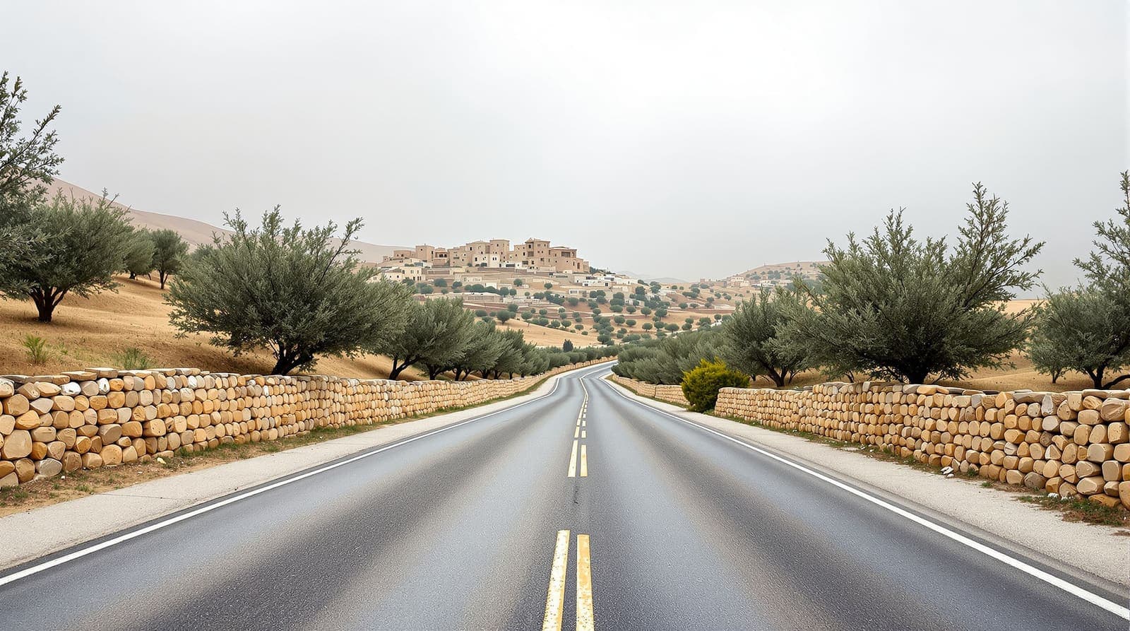 Illustration of an empty rural road winding between olive terraces and stone walls toward a hilltop village in the West Bank.