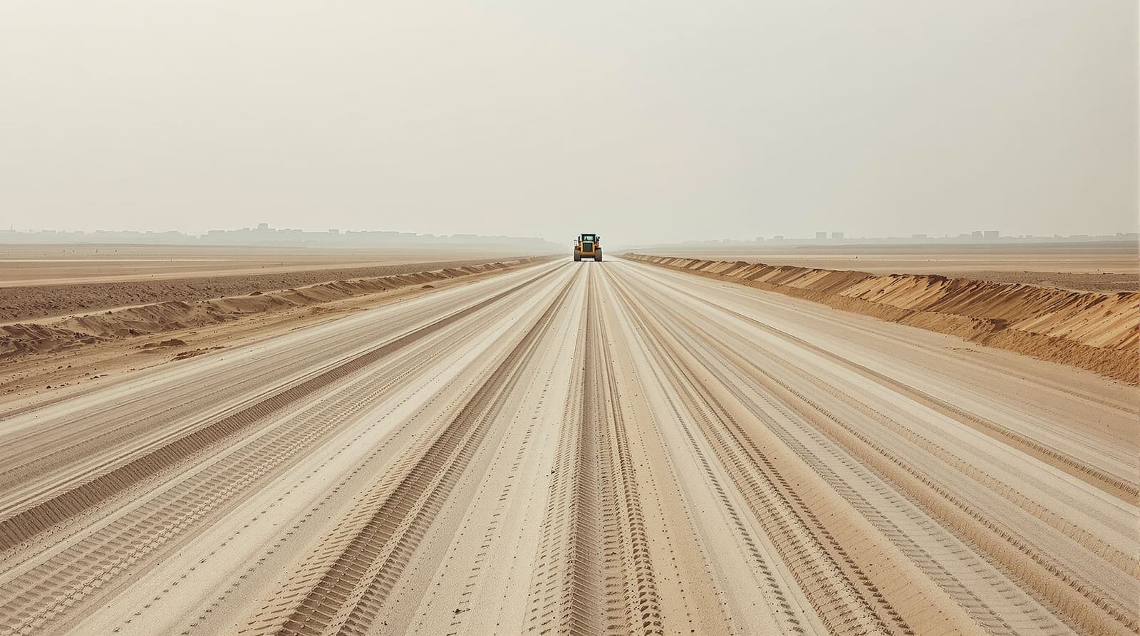 Illustration of a graded sand track between earth berms in flat dusty terrain, with a hazed distant skyline at dawn.