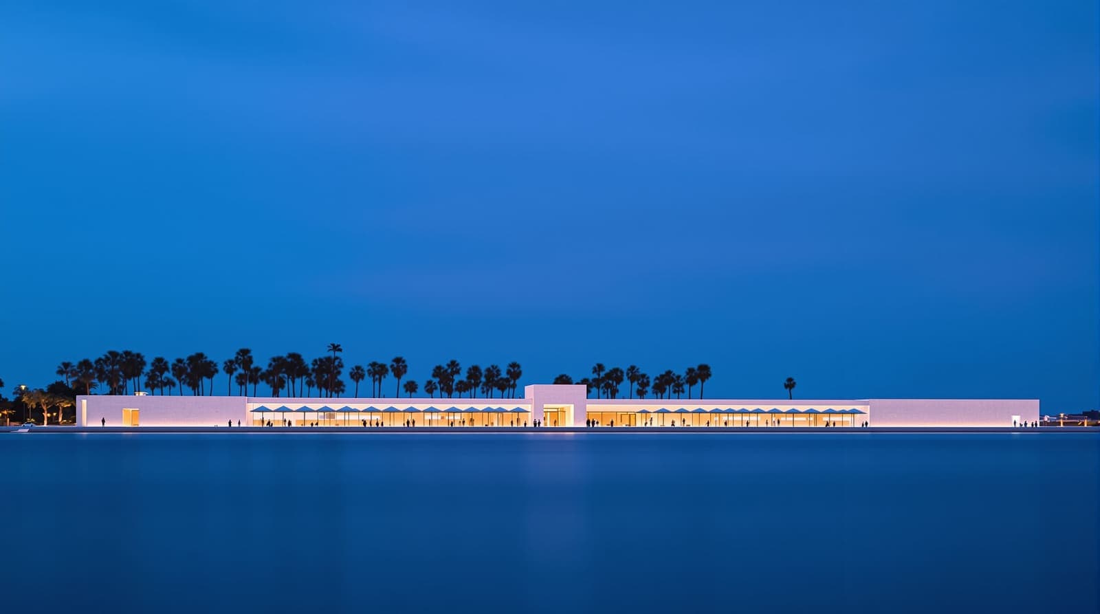 Illustration of the Venice Lido festival palace seen across the lagoon at dusk, pale stone facade and umbrella pines above calm water.
