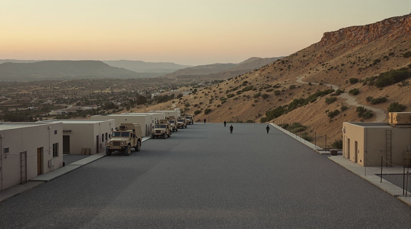 Illustration of a hillside army base with barracks and parked jeeps at dusk among Judean hills and olive terraces.