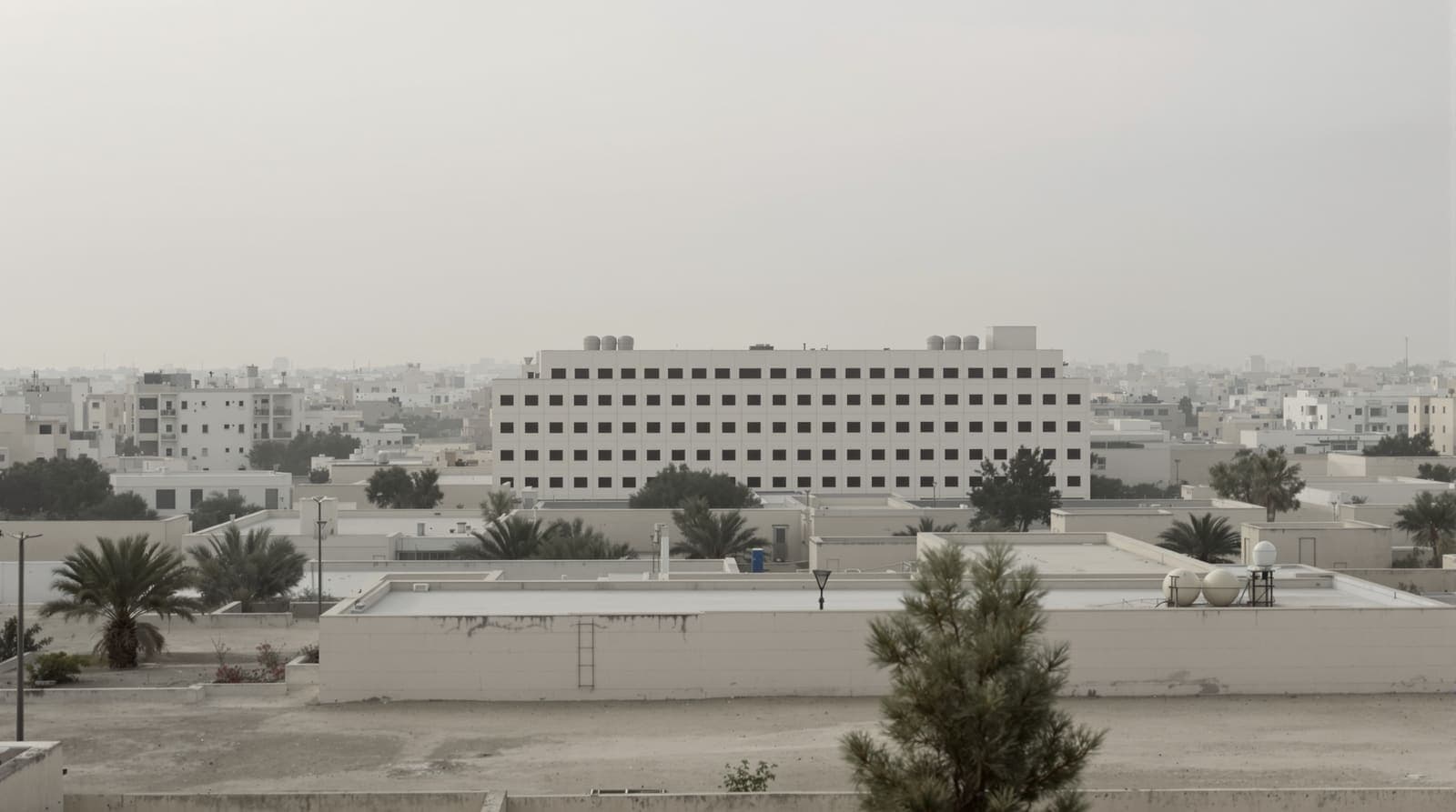 Illustration of a hospital building seen from afar across hazy concrete rooftops in northern Gaza at an overcast dawn.