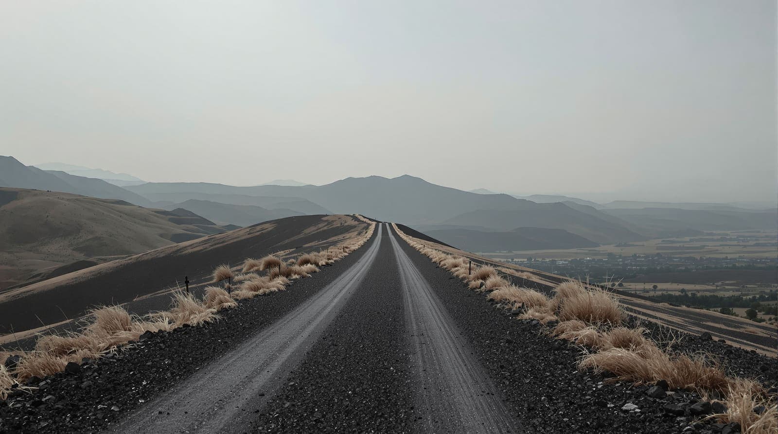 Illustration of an empty patrol track along a basalt ridge on the Golan Heights at dawn, with hazy plateau terrain beyond.
