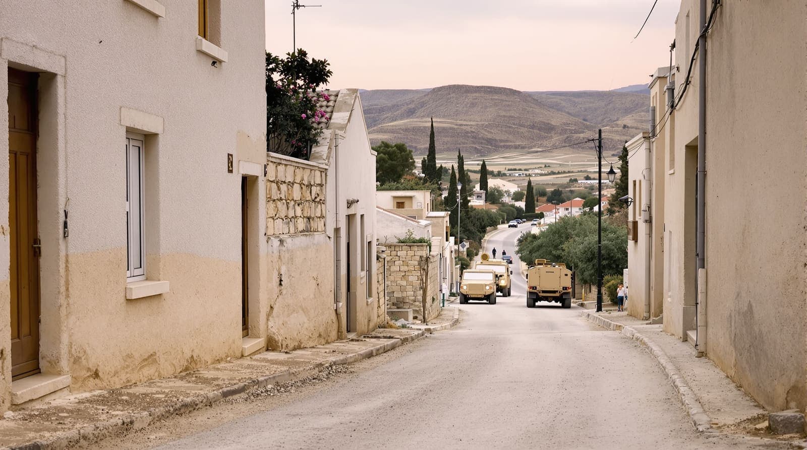 Illustration of an empty limestone hillside street in the West Bank at dawn, with armoured vehicles parked far down the lane.
