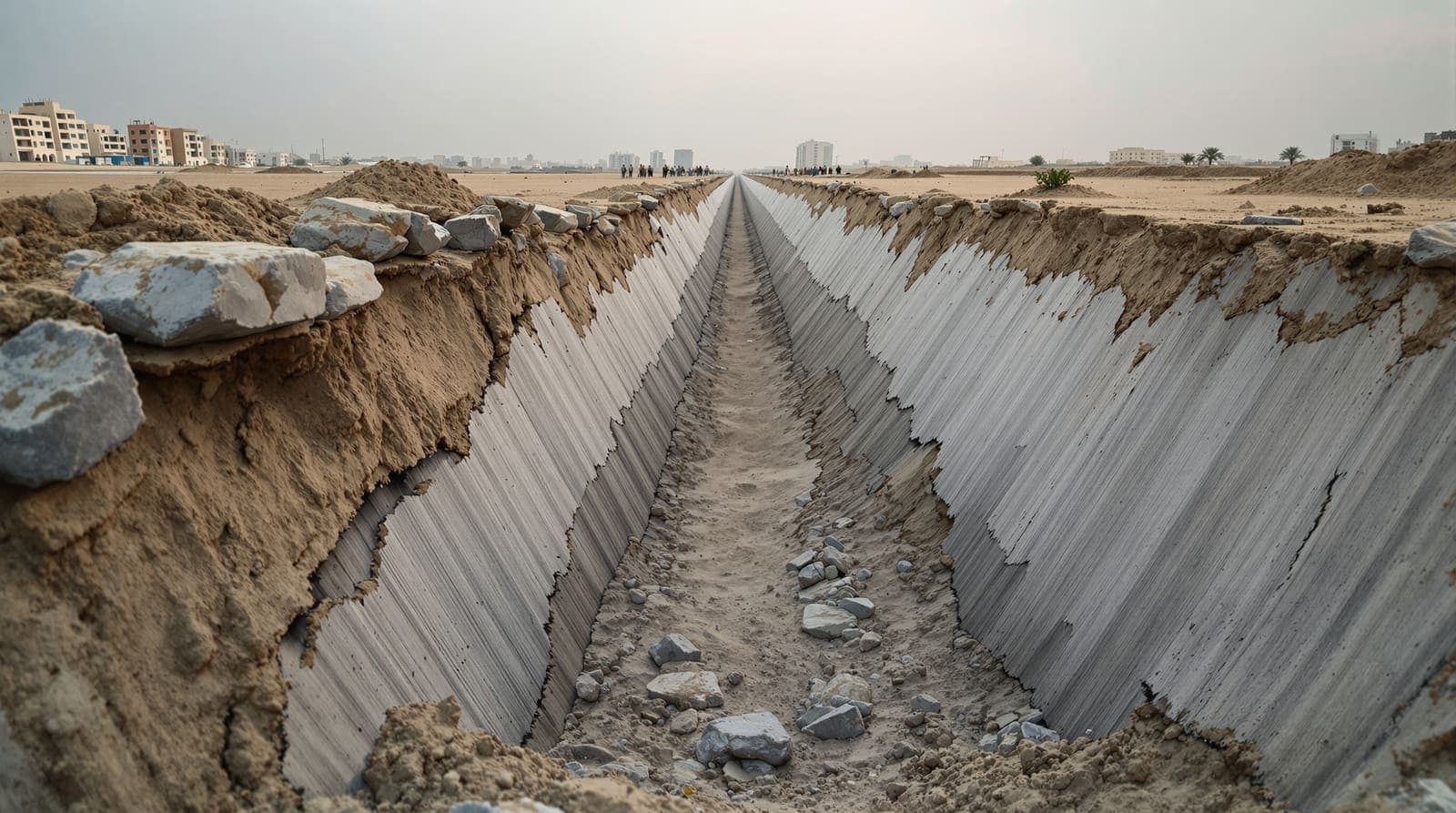 Illustration of an excavated trench exposing broken concrete tunnel lining in sandy farmland under a hazy dawn sky.