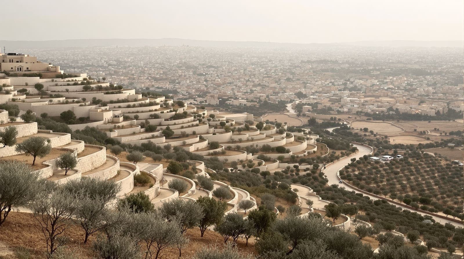 Illustration of olive terraces and the hazy outskirts of a West Bank town seen from a distant ridge at dawn.