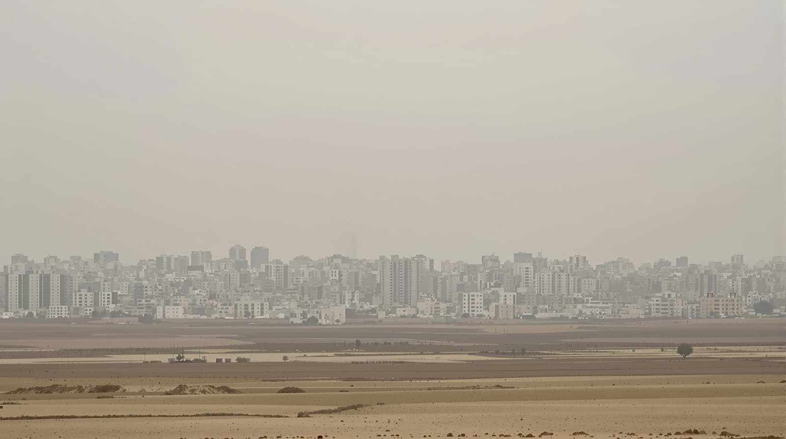 Illustration of the Gaza City skyline seen from a distance across open farmland under a hazy dawn sky