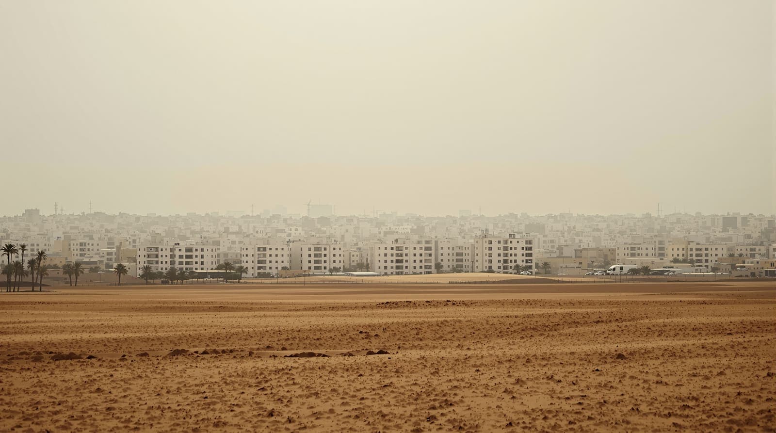 Illustration of the Gaza City skyline in morning haze, seen from a distance across flat sandy fields at dawn