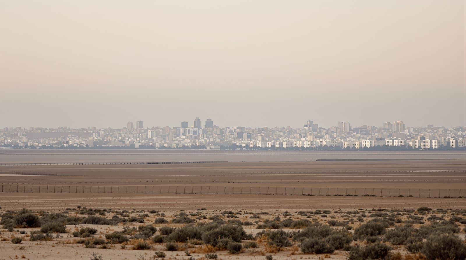 Illustration of the Gaza skyline in dawn haze seen from a scrub ridge beyond a border fence and sandy farmland