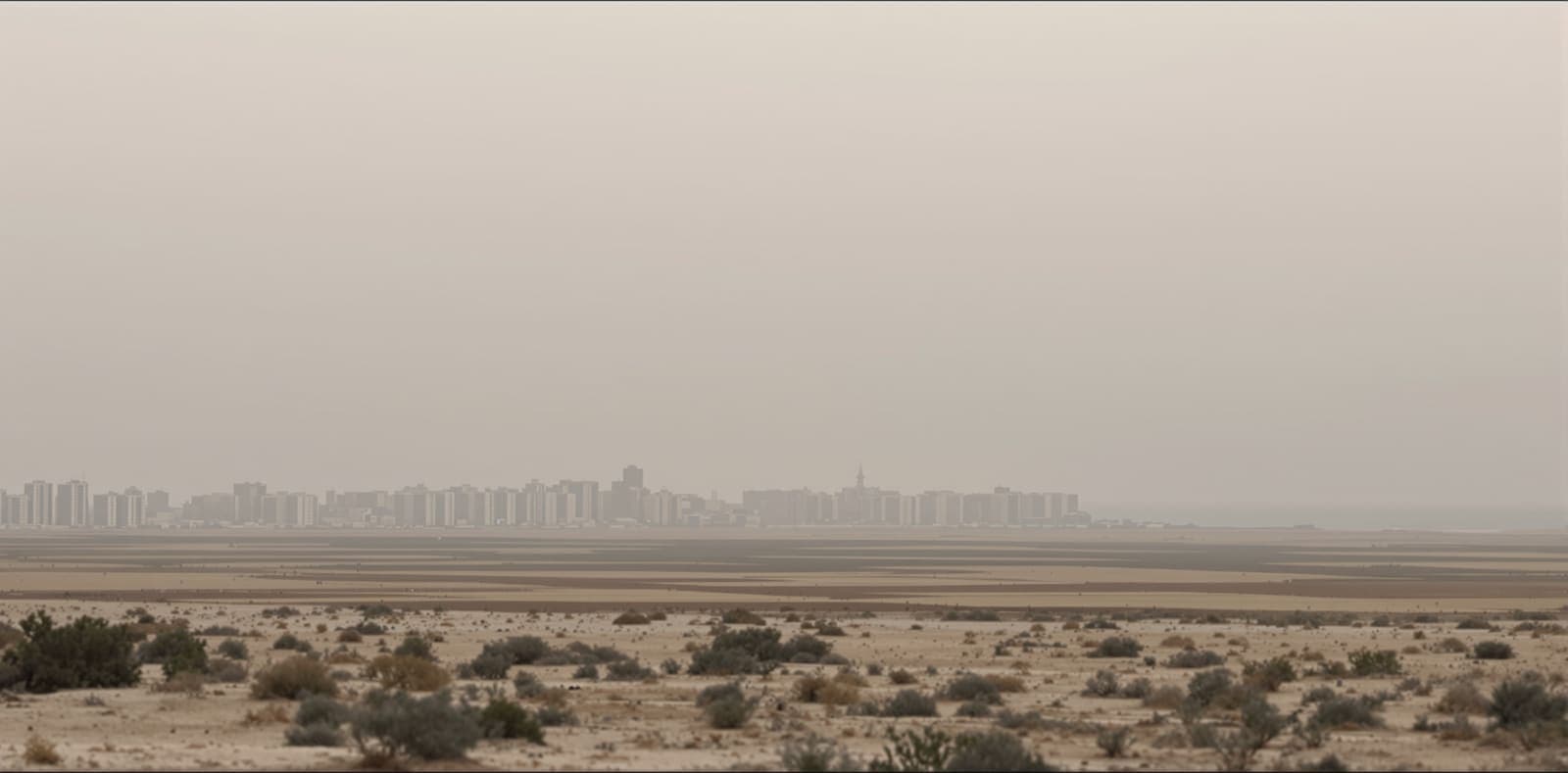 Illustration of the Gaza City skyline in hazy dawn light, seen from distant farmland near the Mediterranean coast