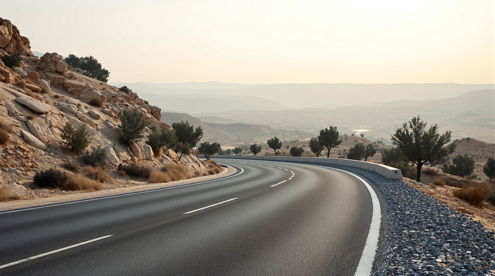 Illustration of an empty road curving through dry limestone hills and olive terraces in the West Bank at dawn.