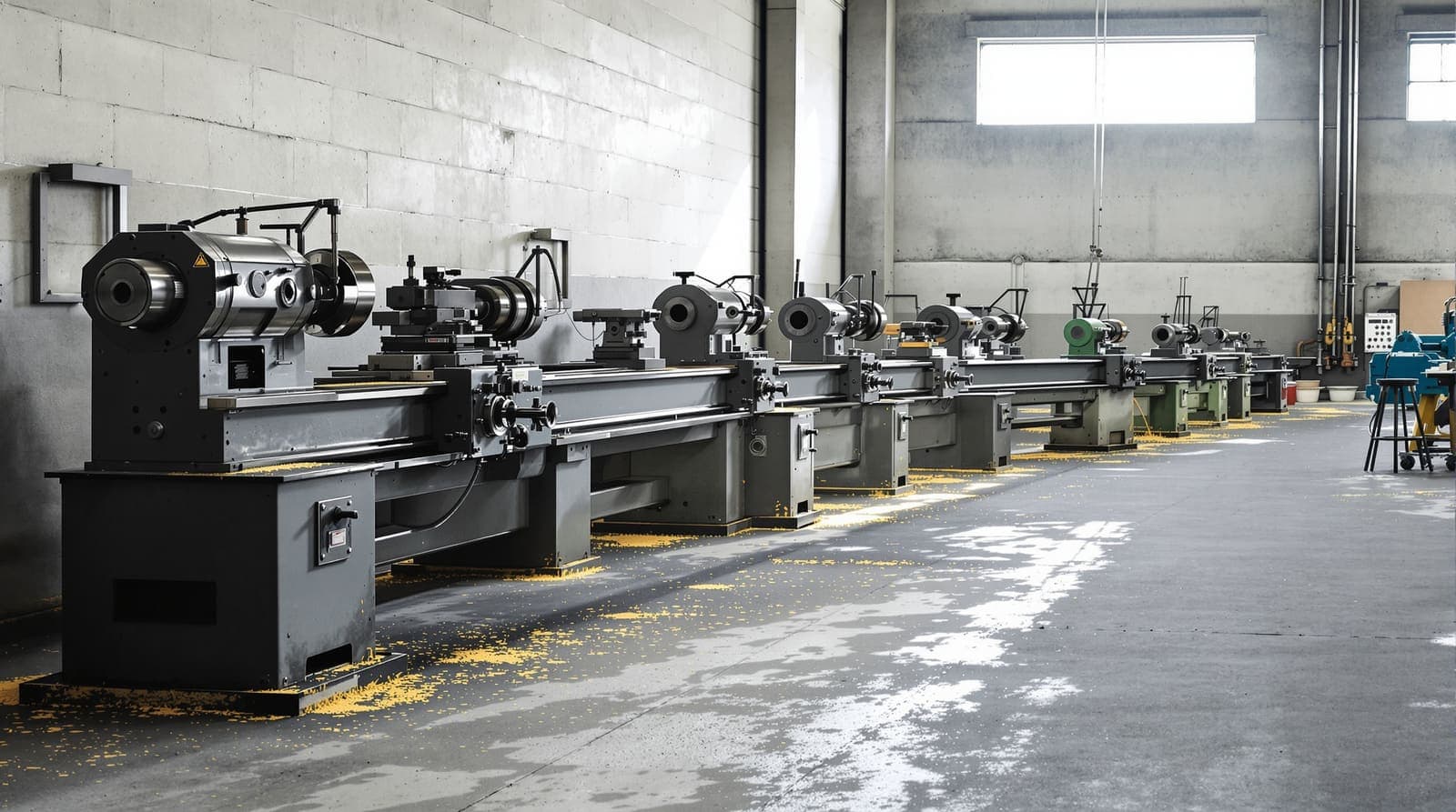 Illustration of a row of heavy metal-turning lathes standing idle in a bare concrete workshop, steel swarf banked across the floor.