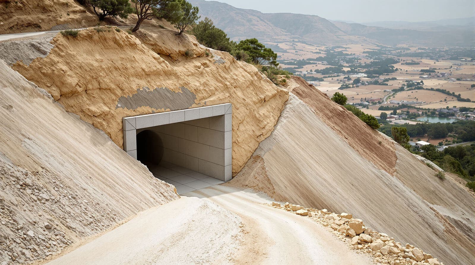 Illustration of a concrete-framed tunnel opening on a limestone ridge in southern Lebanon, a bulldozer track leading up to it and terraced hills behind.