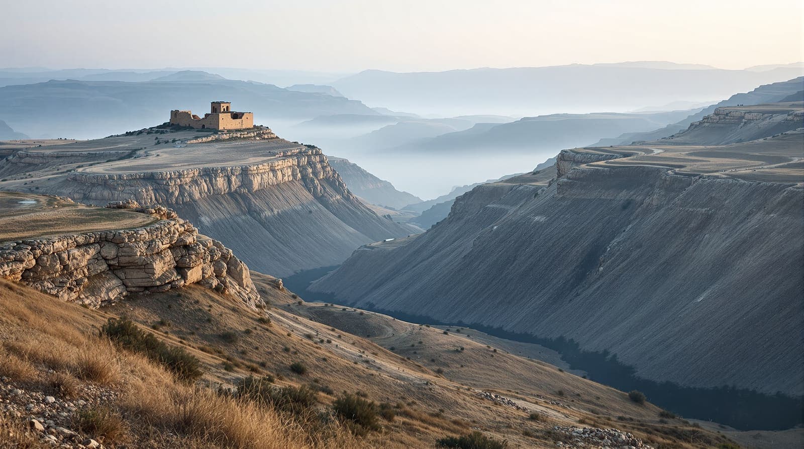 Illustration of a distant stone hilltop ruin above a hazy southern Lebanon valley at dawn, seen across layered scrub ridges.