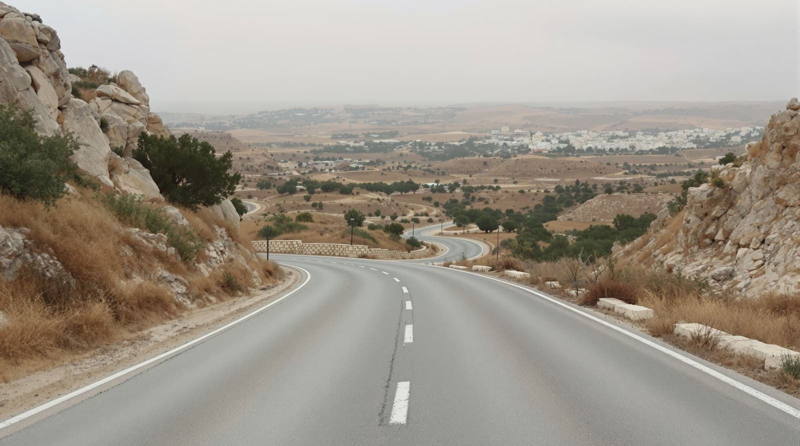 Illustration of an empty rural road curving through olive terraces and limestone hills at dawn in the northern West Bank.