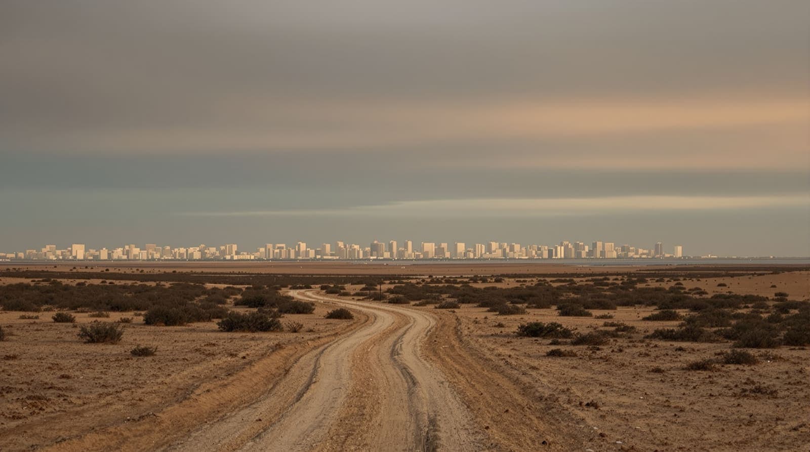 Illustration of the distant Gaza City skyline in dust haze at dusk, seen across open scrubland from far away.