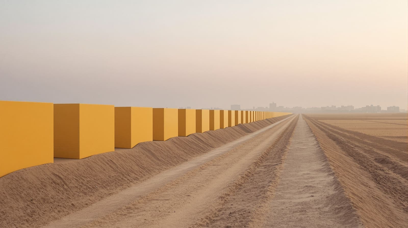Illustration of a line of yellow concrete blocks crossing empty sandy ground in northern Gaza under a hazy dawn sky