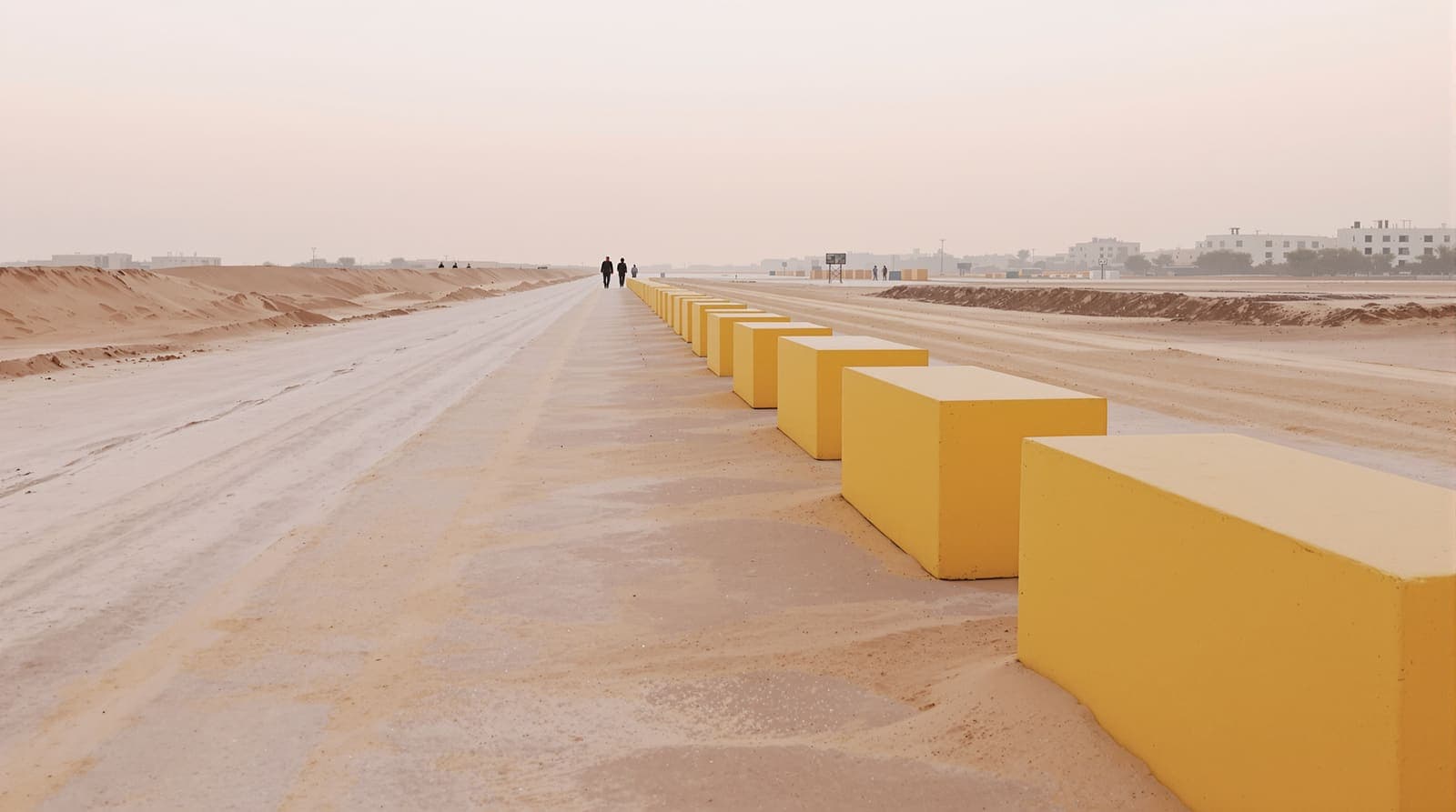 Illustration of a row of yellow concrete blocks crossing open sandy ground in Gaza at dawn, with a hazy skyline beyond