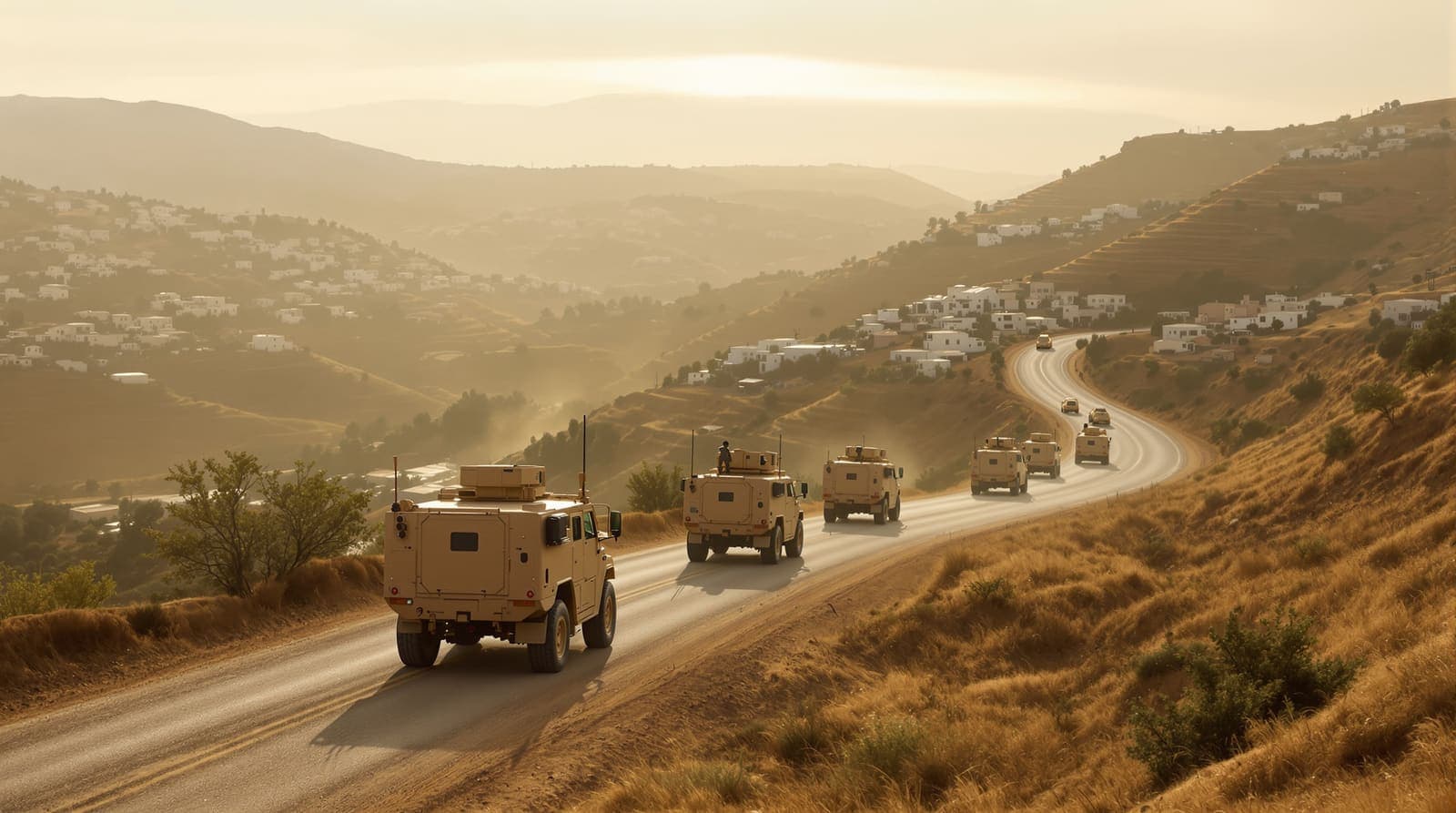 Illustration of armoured military jeeps on a hilltop road above stone villages and olive terraces in the West Bank at dawn