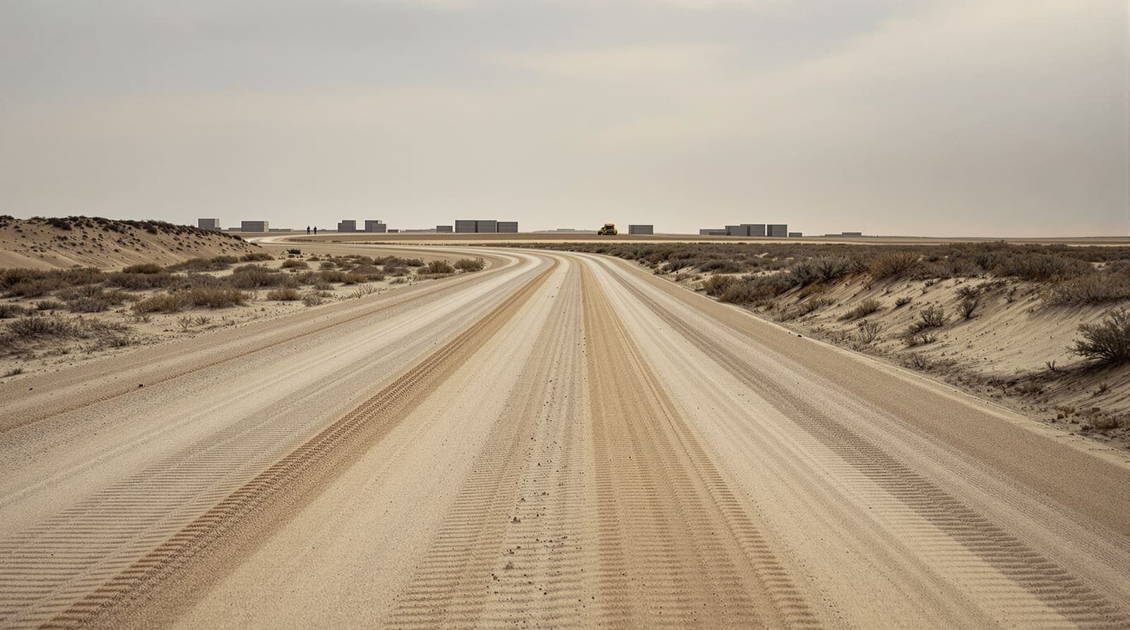 Illustration of an empty graded earth track through flat scrubland at dusk, with a hazed distant urban skyline beyond.