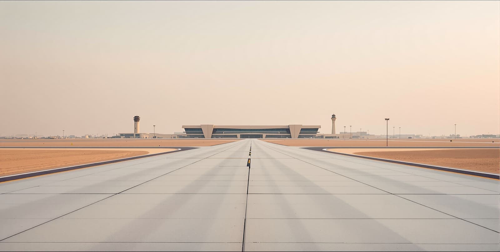 Illustration of an empty airport runway and distant terminal on the desert edge of Riyadh at dawn under a hazy sky.