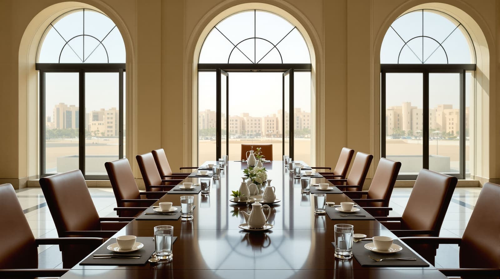 Illustration of an empty conference room with a long wooden table and vacant chairs, a hazy desert city visible through tall windows.