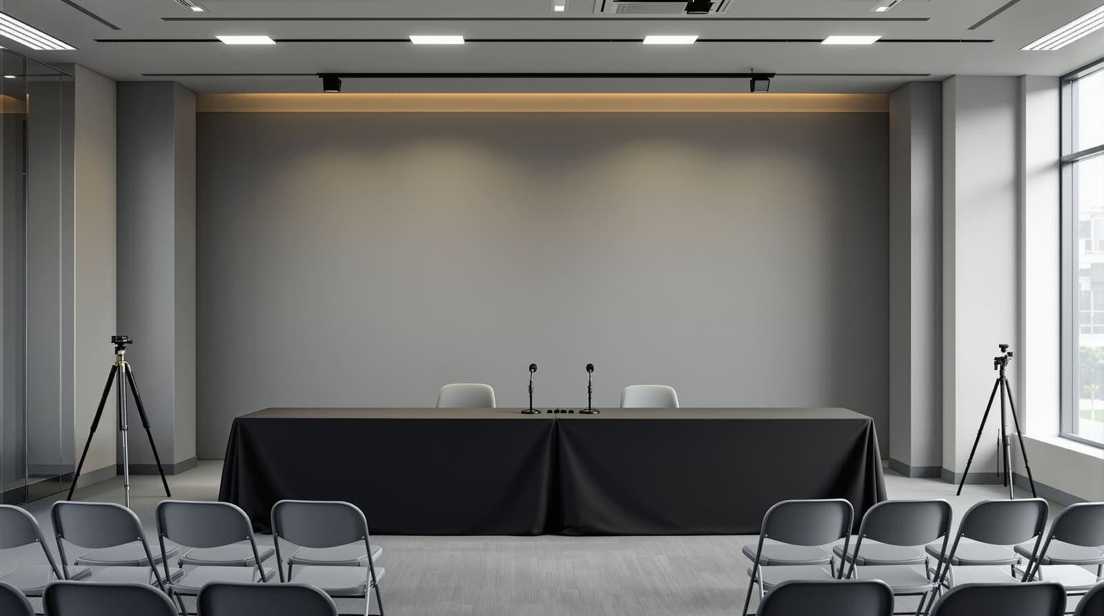 Illustration of an empty press conference room with a cloth-covered table, microphones and rows of vacant chairs