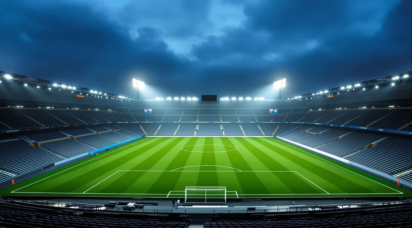 Illustration of an empty football stadium at dusk, seen from the upper stand, with a striped green pitch under warming floodlights