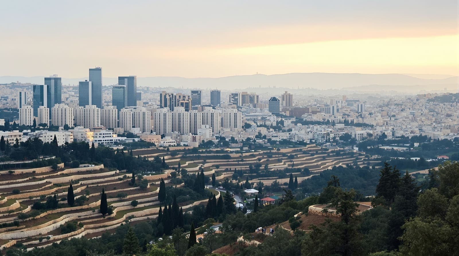 Illustration of the modern skyline of Jerusalem at dawn, limestone towers on the ridges seen from far off across pine-covered hills to the west.