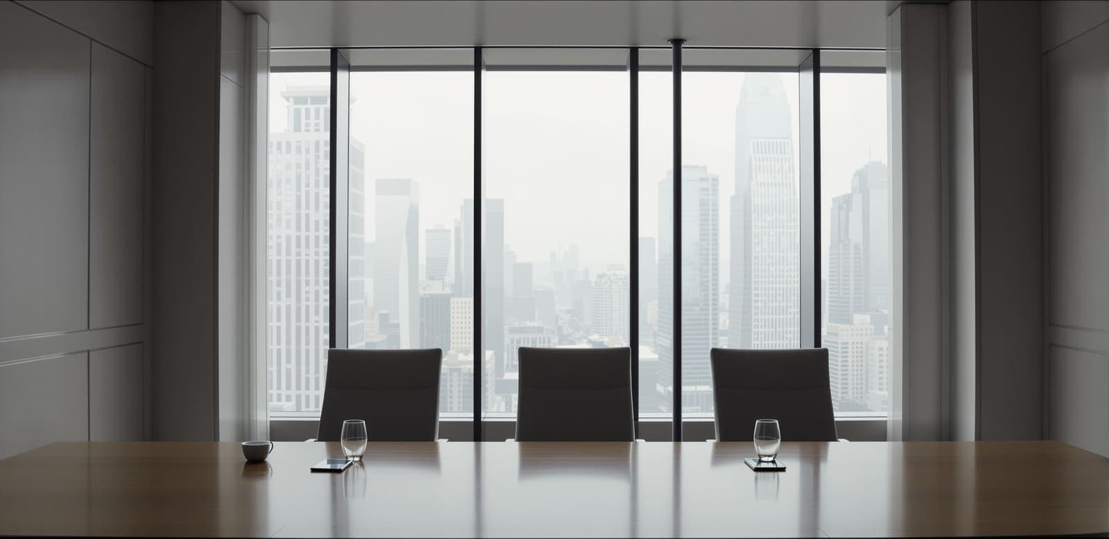 Illustration of an empty formal meeting room with three chairs at a polished table and a hazed city skyline beyond tall windows.