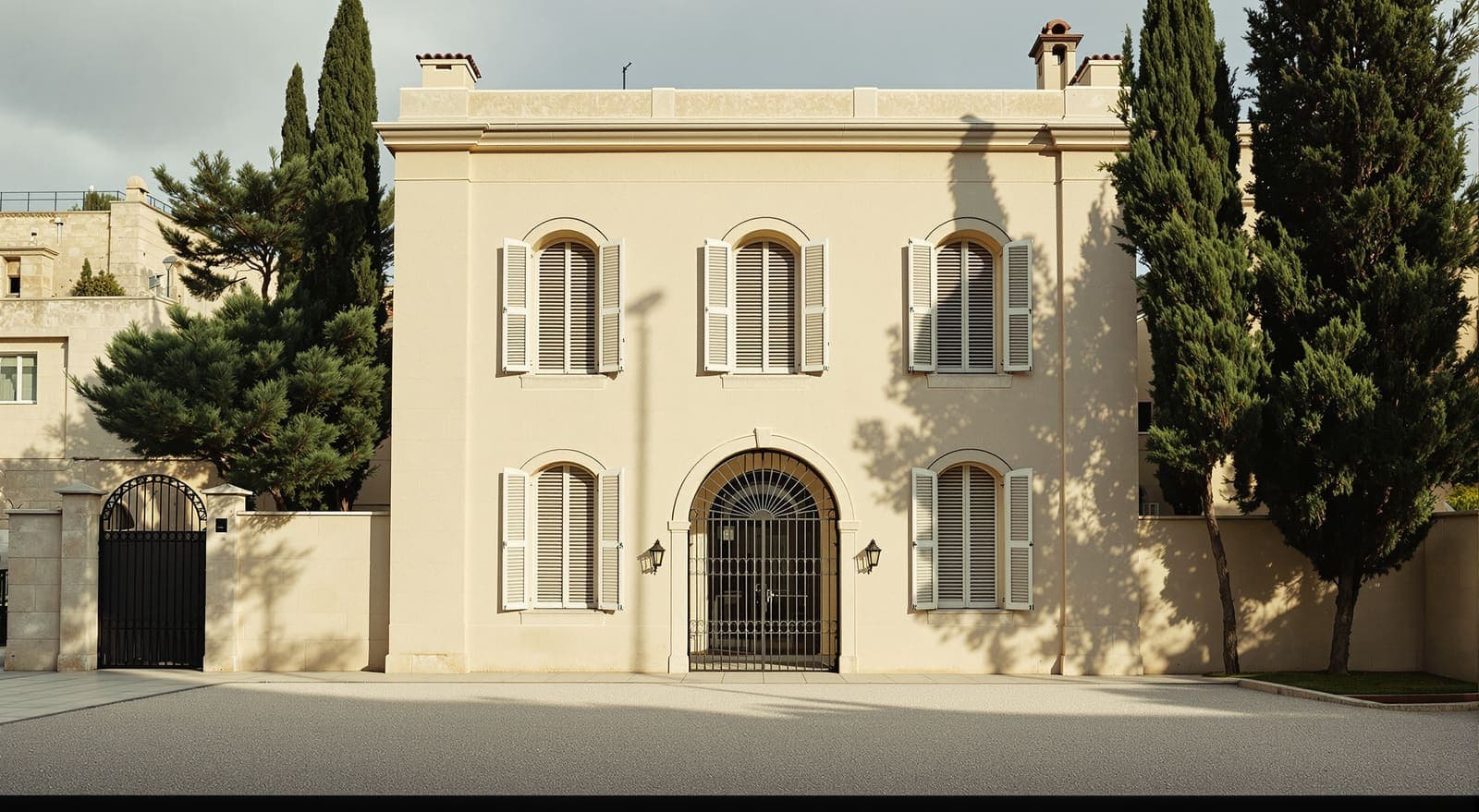 Illustration of a shuttered limestone consular building behind a closed iron gate in Jerusalem under soft morning light.