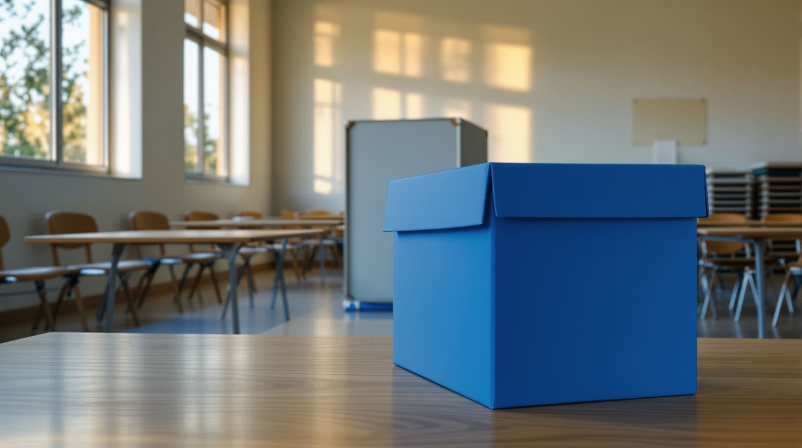 Illustration of a quiet classroom polling station with a ballot box and voting booth in warm evening light.
