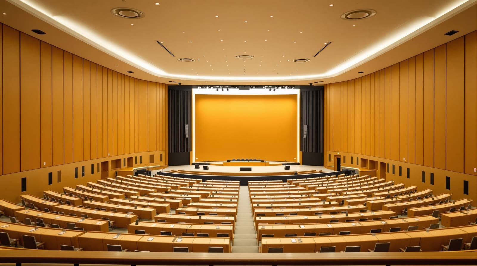 Illustration of an empty tiered conference auditorium seen from the rear balcony, rows of vacant desks descending toward a distant rostrum.
