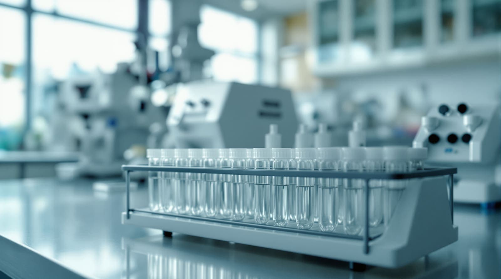 Illustration of an empty genetics laboratory bench with sample tubes and pipettes in soft morning light.