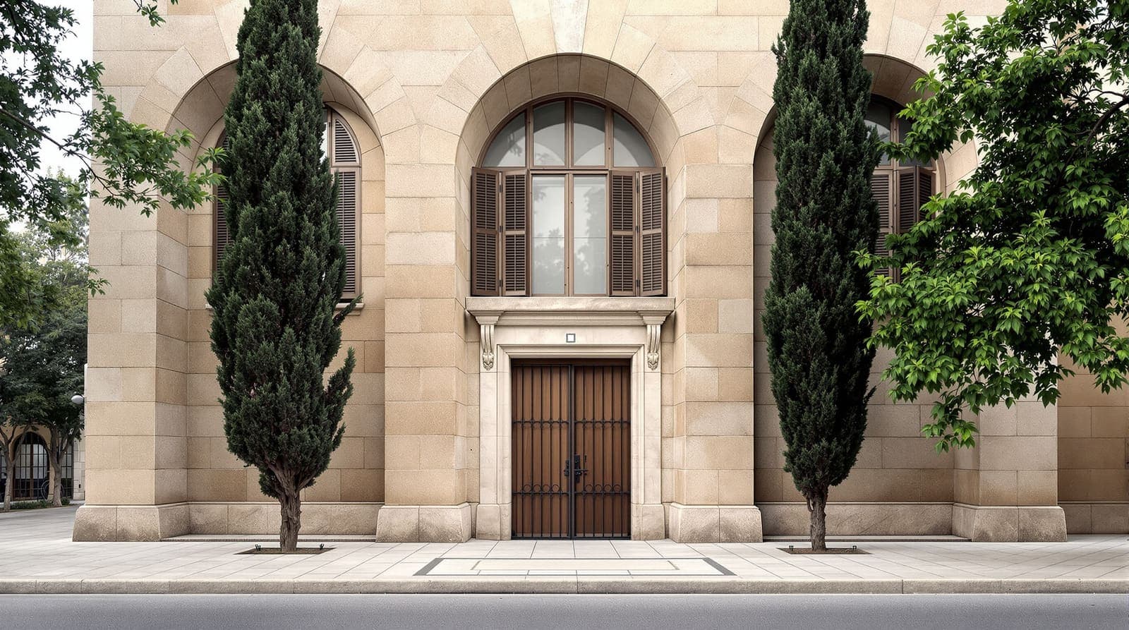 Illustration of a shuttered limestone consulate building behind a closed iron gate on a quiet Jerusalem street.