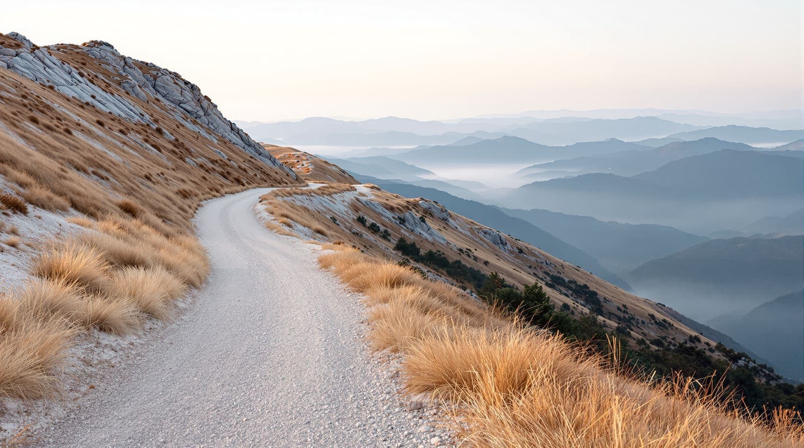 Illustration of a bare limestone ridge and dirt track above a hazy northern valley at dawn.