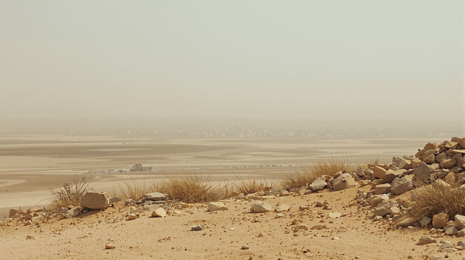 Illustration of a hazy southern Gaza skyline seen at a distance from a dusty scrub ridge under plain overcast daylight.