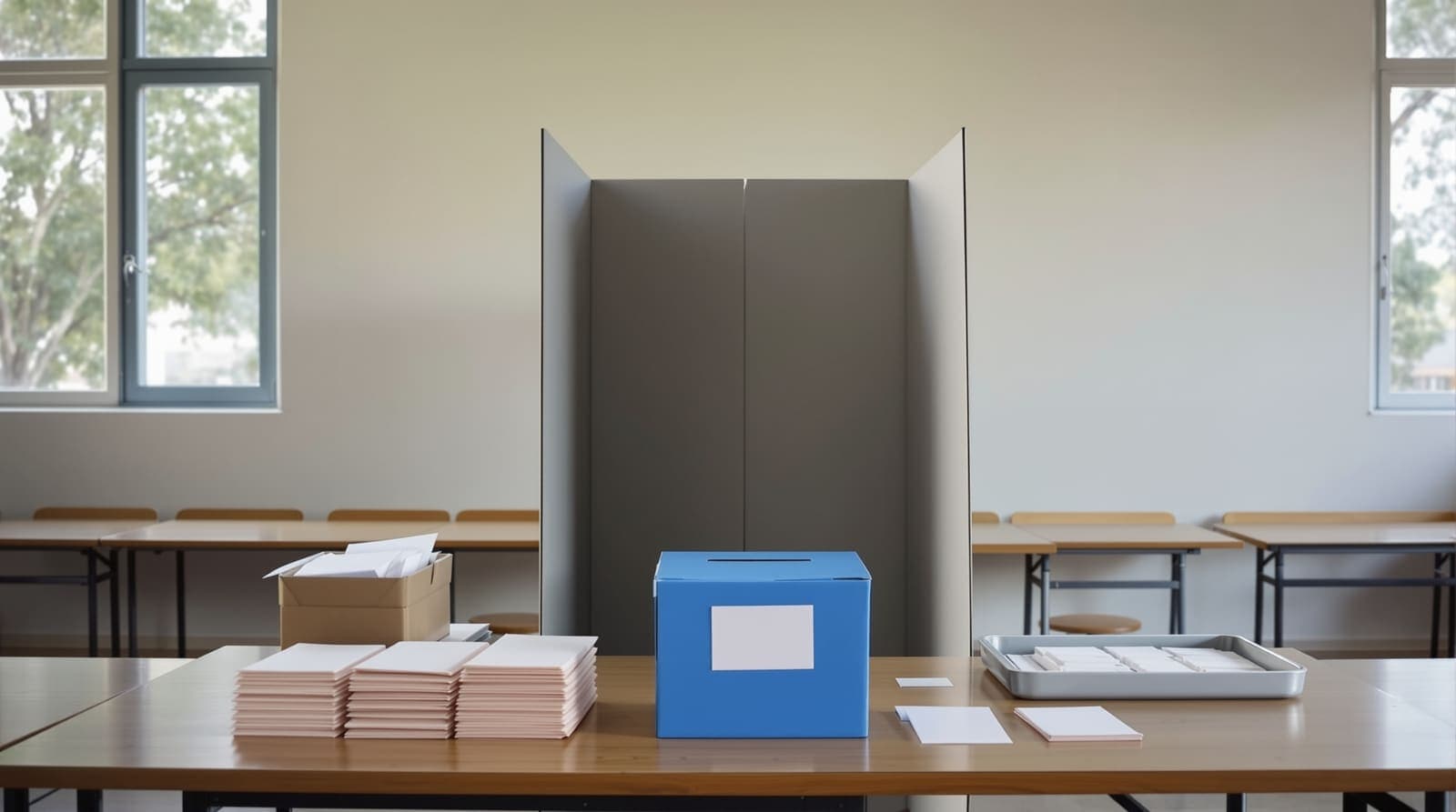 Illustration of a quiet classroom polling station with a ballot box, blank envelopes and a cardboard voting partition in soft morning light.