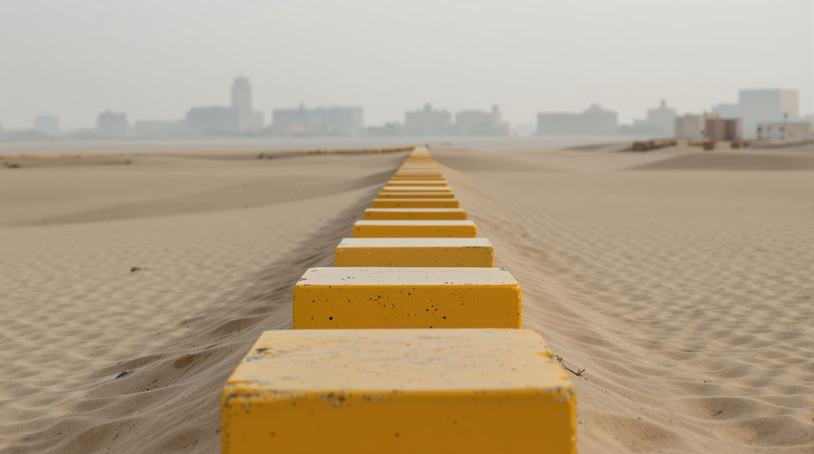 Illustration of a line of yellow-painted concrete blocks crossing empty sandy ground in northern Gaza at dawn.