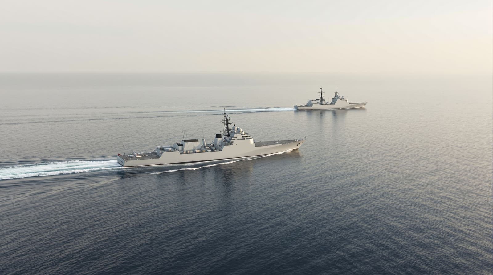 Illustration of two grey warships sailing together across the calm open Mediterranean Sea at dawn.