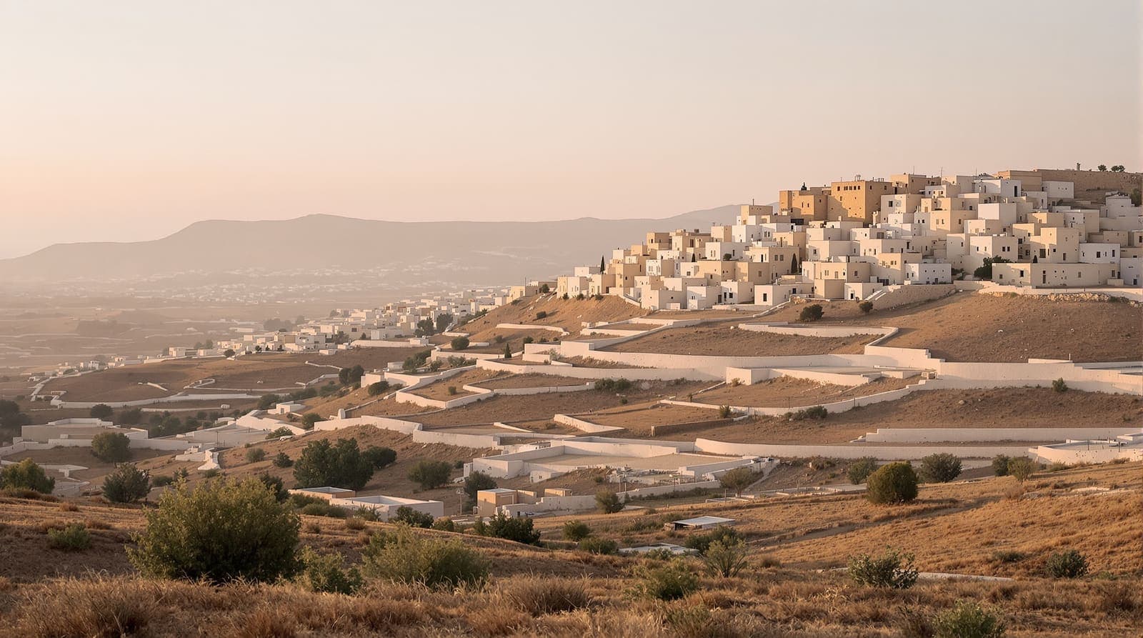 Illustration of limestone houses on a Hebron hillside seen across olive terraces at hazy dawn