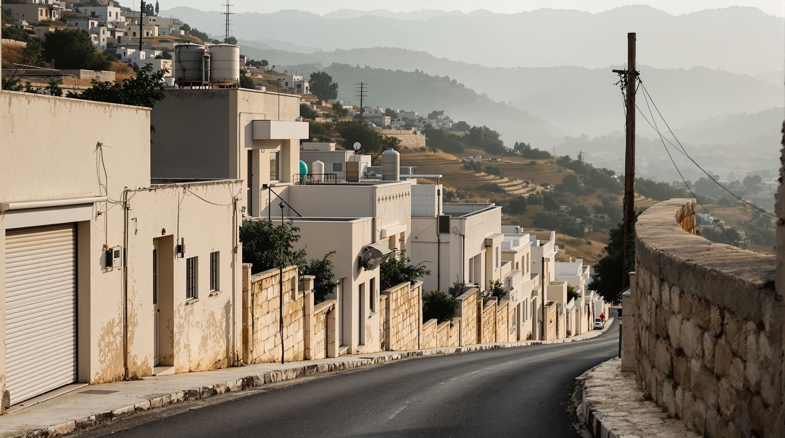 Illustration of a quiet limestone hillside street in a West Bank town at dawn, with olive terraces and hazy ridgelines beyond the rooftops.