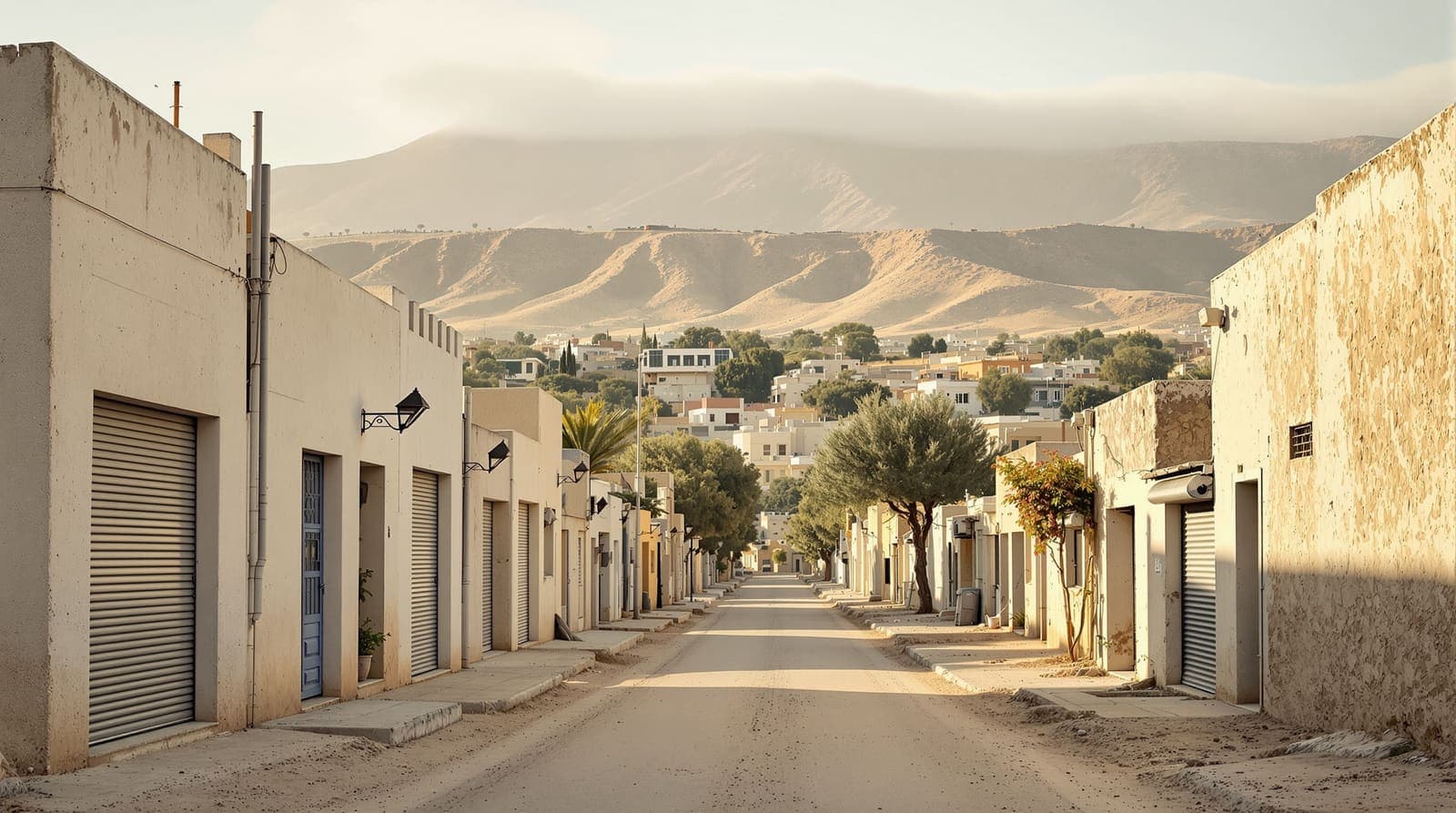 Illustration of an empty stone street in a northern West Bank city at dawn, with shuttered ground floors and scrub hills beyond.