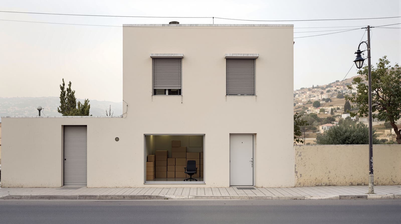 Illustration of a shuttered limestone office building on a quiet West Bank hillside street at dawn