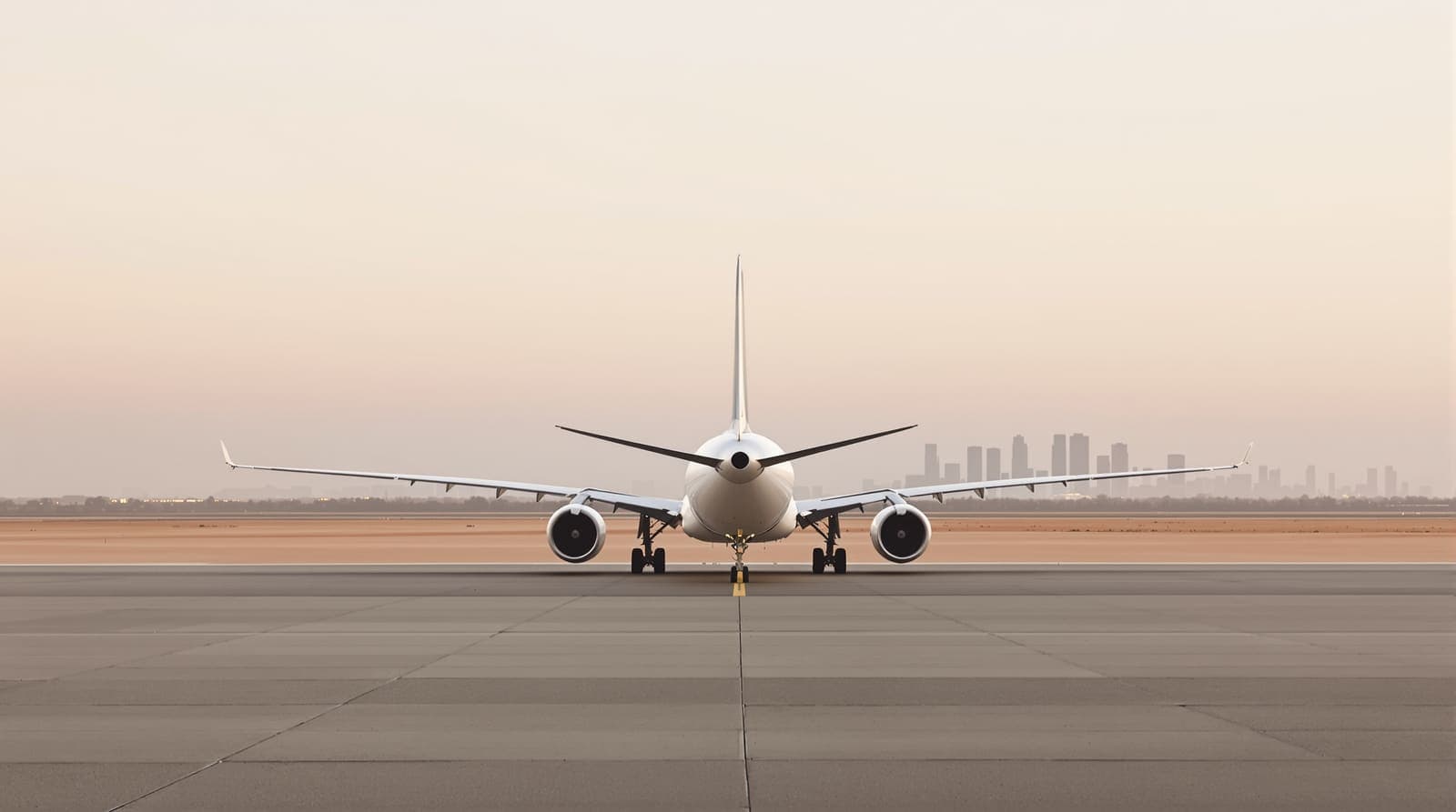 Illustration of a white passenger jet parked on a quiet desert airport apron at dawn with a hazy city skyline beyond.