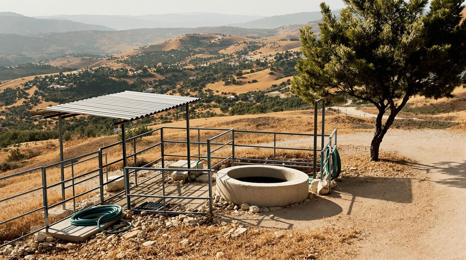 Illustration of a quiet hilltop farm outpost pen and stone trough above olive terraces in the northern West Bank.
