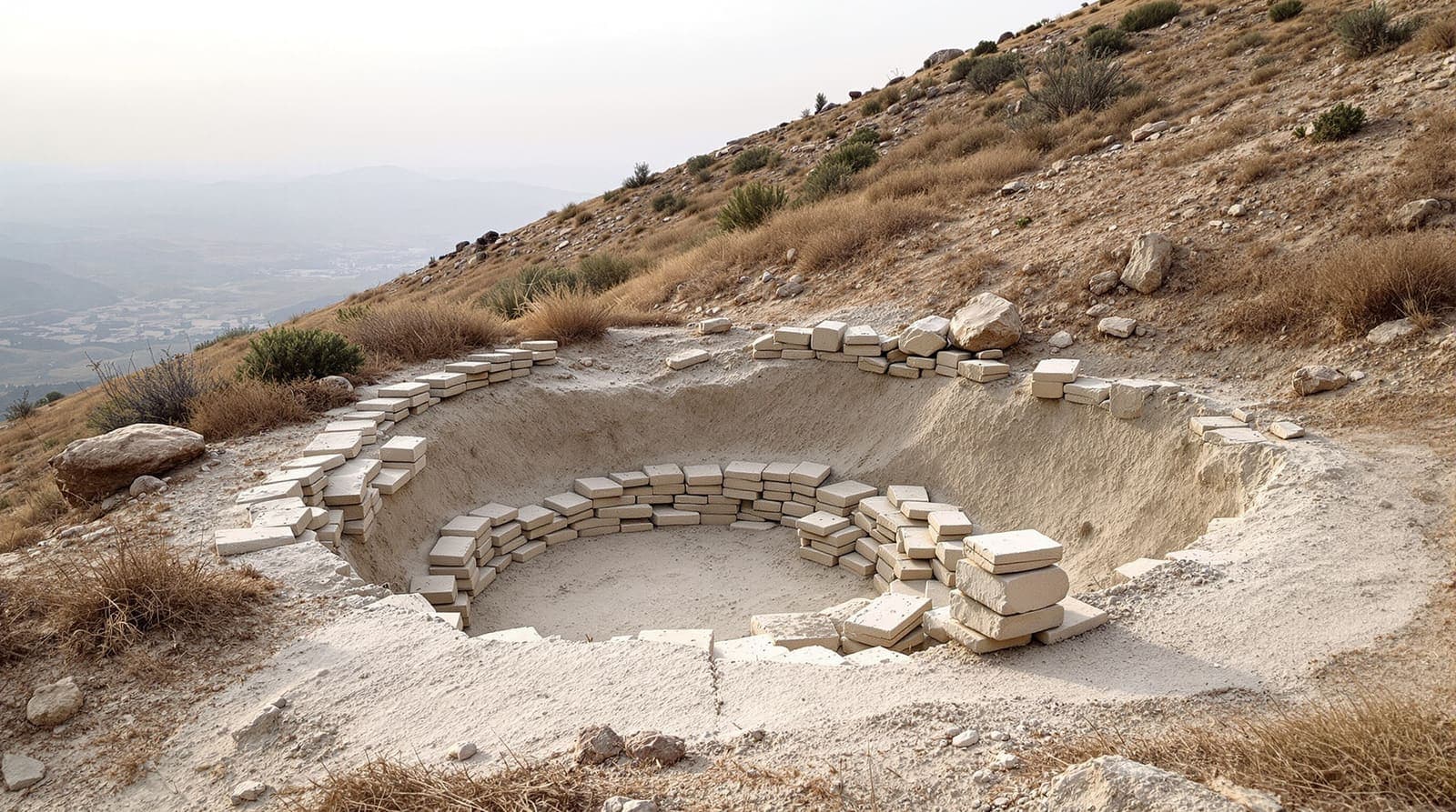 Illustration of a rocky southern Lebanon hillside at dawn with a shallow excavated hollow and stacked stone beside it.