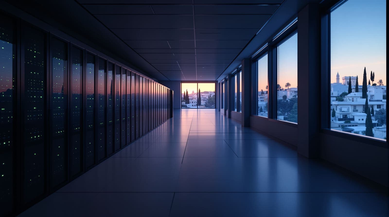Illustration of an empty cyber defence operations room with rows of server racks and dawn light over limestone buildings outside.