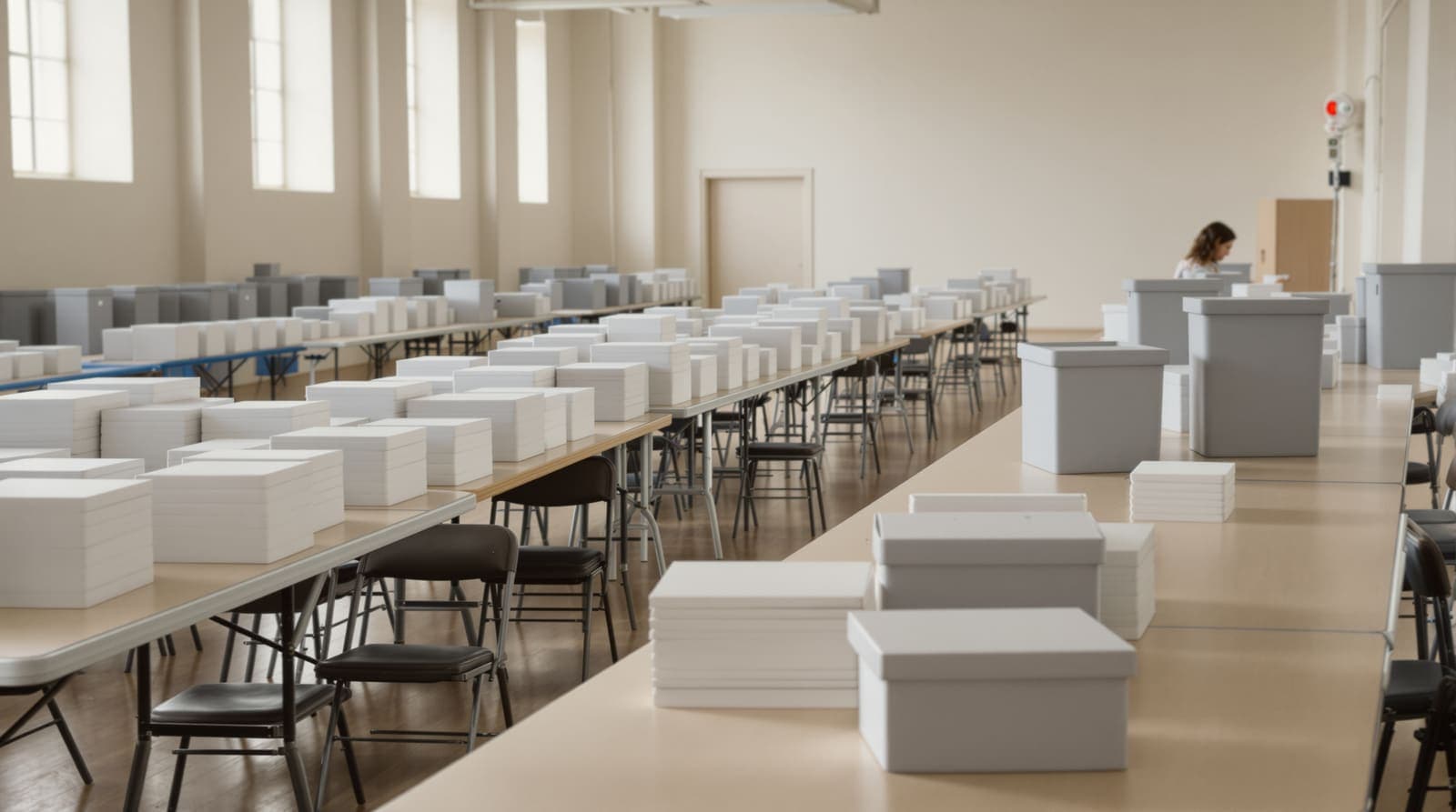 Illustration of an empty counting hall with stacks of plain envelopes and grey ballot boxes on long tables in soft daylight