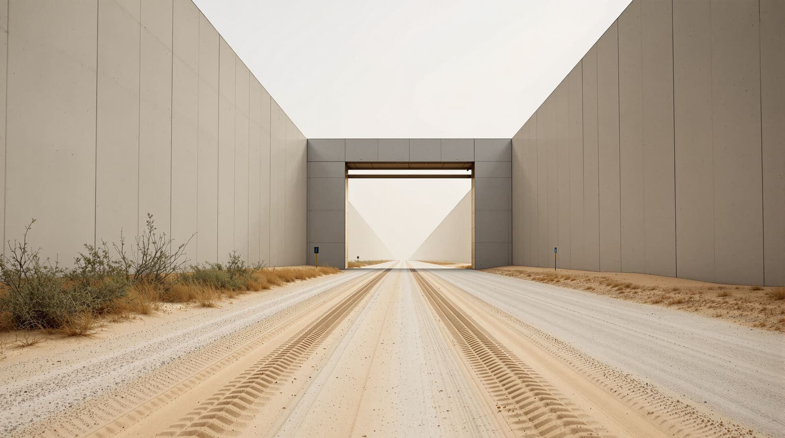 Illustration of an open steel cargo gate in a tall concrete border wall at a crossing on Israel's Gaza border, the crossing empty in mid-morning haze.